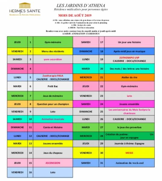 Planning d'animation au jardins d'athéna à la bouilladisse
