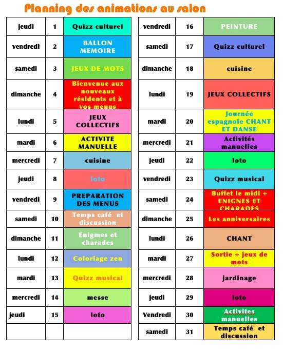 Planning d'animation en résidence médicalisée Atlantis à Lyon centre ville