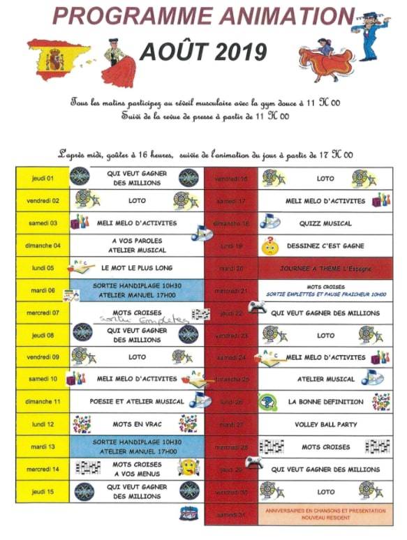 Agenda des animations à Saint Raphaël, maison de retraite Hermès